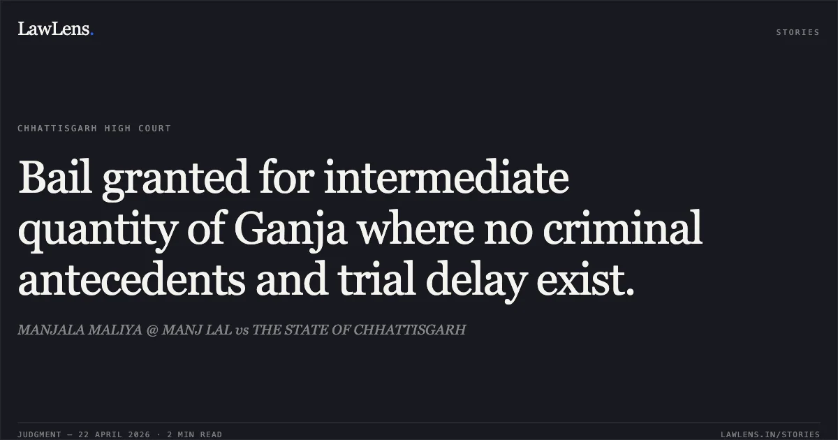 Bail granted for intermediate quantity of Ganja where no criminal antecedents and trial delay exist.. MANJALA MALIYA @ MANJ LAL vs THE STATE OF CHHATTISGARH. Chhattisgarh High Court. LawLens