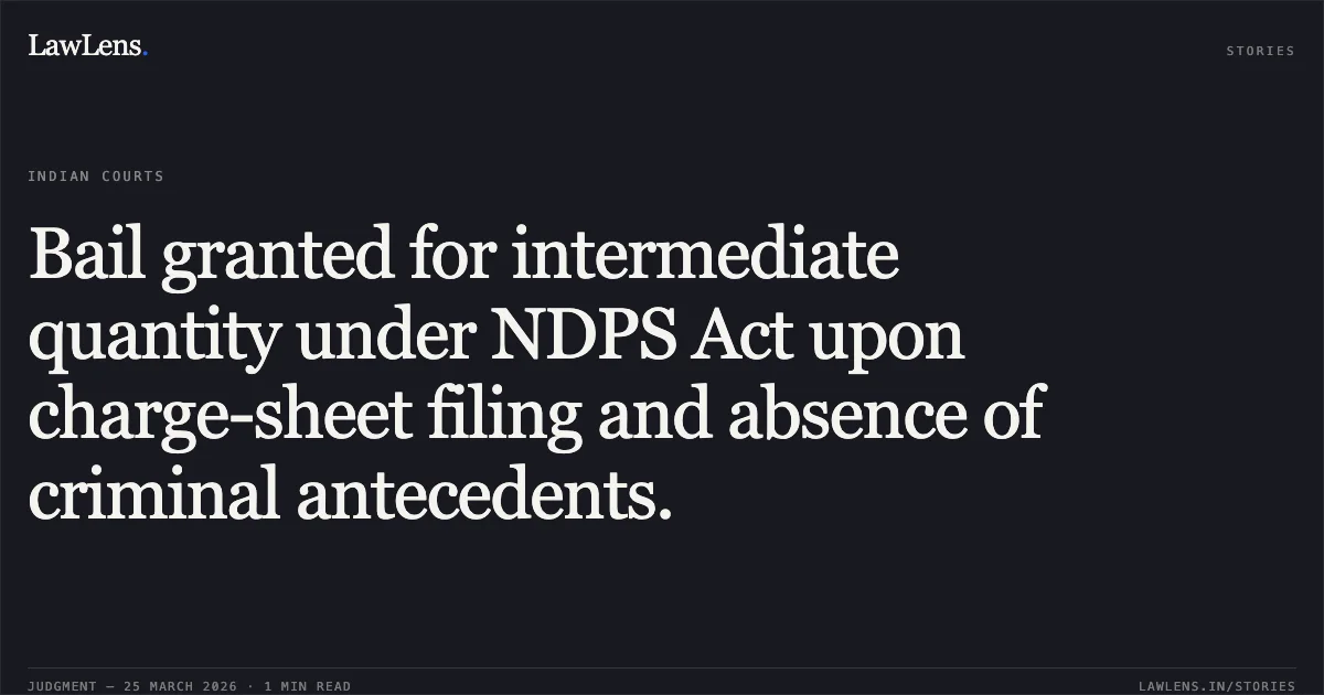 Bail granted for intermediate quantity under NDPS Act upon charge-sheet filing and absence of criminal antecedents.. ARTI TELASI vs STATE OF CHHATTISGARH. Chhattisgarh High Court. LawLens