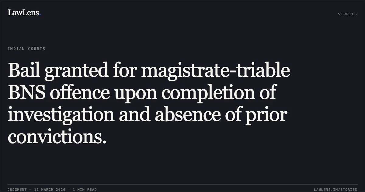 Bail granted for magistrate-triable BNS offence upon completion of investigation and absence of prior convictions.. Vijay vs The State Of Madhya Pradesh. Madhya Pradesh High Court. LawLens