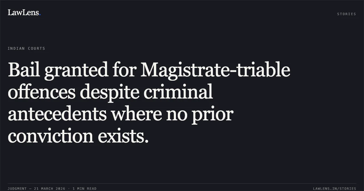 Bail granted for Magistrate-triable offences despite criminal antecedents where no prior conviction exists.. Mangal Singh vs The State Of Madhya Pradesh. Madhya Pradesh High Court. LawLens