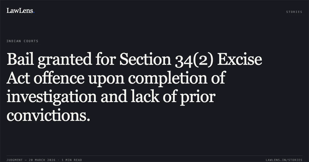 Bail granted for Section 34(2) Excise Act offence upon completion of investigation and lack of prior convictions.. Rajendra Dangi vs The State Of Madhya Pradesh. Madhya Pradesh High Court. LawLens