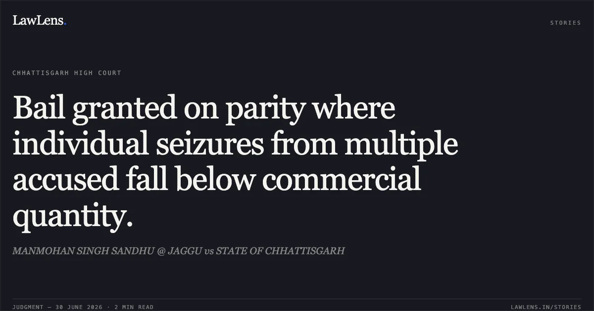 Bail granted on parity where individual seizures from multiple accused fall below commercial quantity.. MANMOHAN SINGH SANDHU @ JAGGU vs STATE OF CHHATTISGARH. Chhattisgarh High Court. LawLens