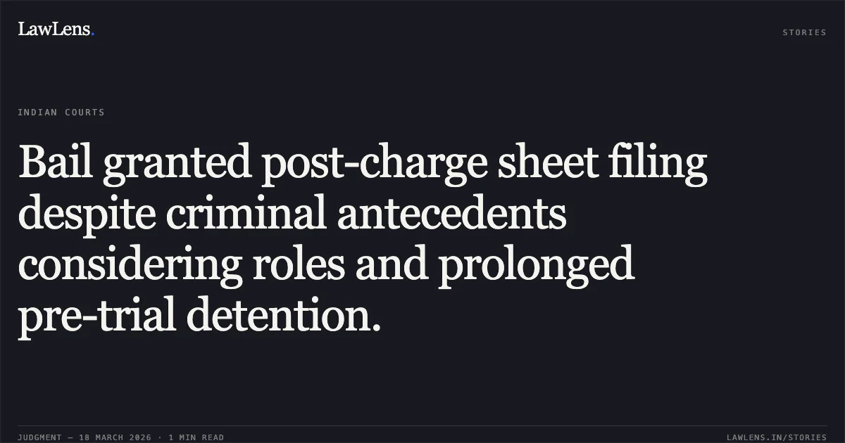 Bail granted post-charge sheet filing despite criminal antecedents considering roles and prolonged pre-trial detention.. FIROZ KHAN vs STATE OF CHHATTISGARH. Chhattisgarh High Court. LawLens