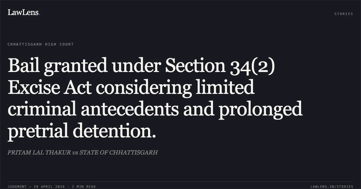 Bail granted under Section 34(2) Excise Act considering limited criminal antecedents and prolonged pretrial detention.. PRITAM LAL THAKUR vs STATE OF CHHATTISGARH. Chhattisgarh High Court. LawLens