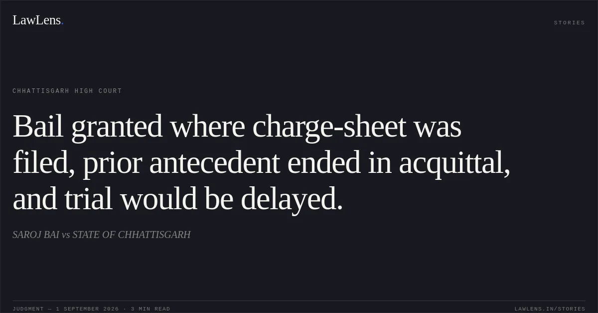 Bail granted where charge-sheet was filed, prior antecedent ended in acquittal, and trial would be delayed.. SAROJ BAI vs STATE OF CHHATTISGARH. Chhattisgarh High Court. LawLens
