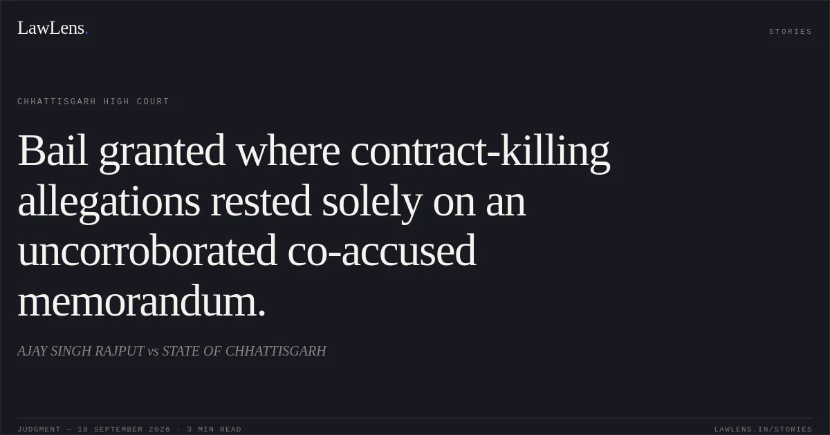 Bail granted where contract-killing allegations rested solely on an uncorroborated co-accused memorandum.. AJAY SINGH RAJPUT vs STATE OF CHHATTISGARH. Chhattisgarh High Court. LawLens