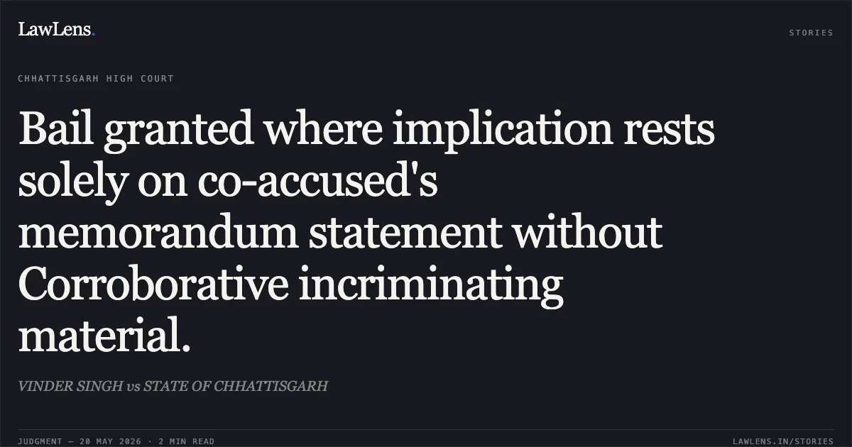 Bail granted where implication rests solely on co-accused's memorandum statement without Corroborative incriminating material.. VINDER SINGH vs STATE OF CHHATTISGARH. Chhattisgarh High Court. LawLens