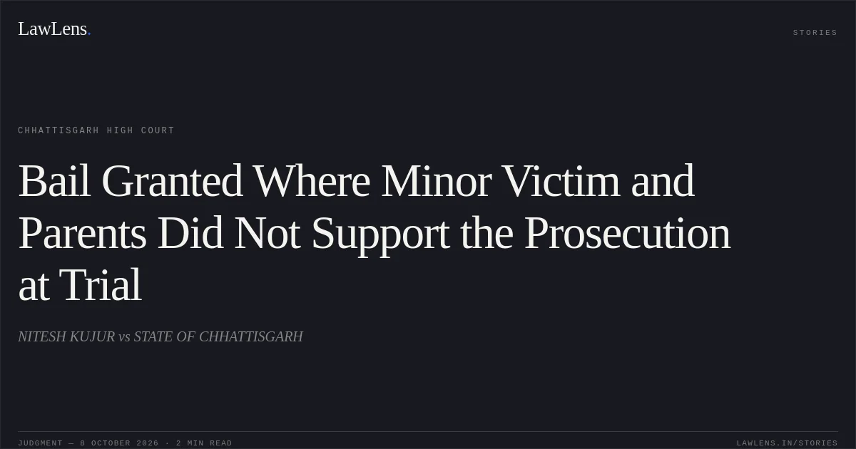 Bail Granted Where Minor Victim and Parents Did Not Support the Prosecution at Trial. NITESH KUJUR vs STATE OF CHHATTISGARH. Chhattisgarh High Court. LawLens
