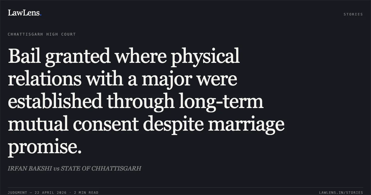 Bail granted where physical relations with a major were established through long-term mutual consent despite marriage promise.. IRFAN BAKSHI vs STATE OF CHHATTISGARH. Chhattisgarh High Court. LawLens