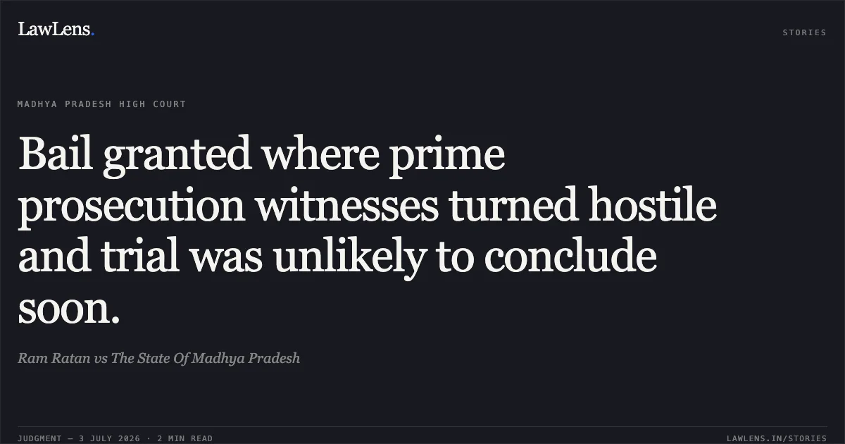 Bail granted where prime prosecution witnesses turned hostile and trial was unlikely to conclude soon.. Ram Ratan vs The State Of Madhya Pradesh. Madhya Pradesh High Court. LawLens