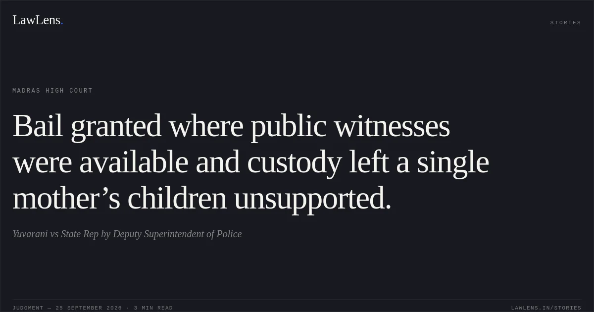 Bail granted where public witnesses were available and custody left a single mother’s children unsupported.. Yuvarani vs State Rep by Deputy Superintendent of Police. Madras High Court. LawLens