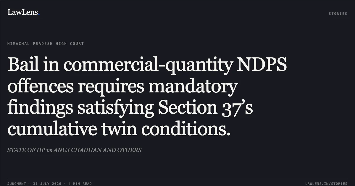 Bail in commercial-quantity NDPS offences requires mandatory findings satisfying Section 37’s cumulative twin conditions.. STATE OF HP vs ANUJ CHAUHAN AND OTHERS. High Court of Himachal Pradesh. LawLens