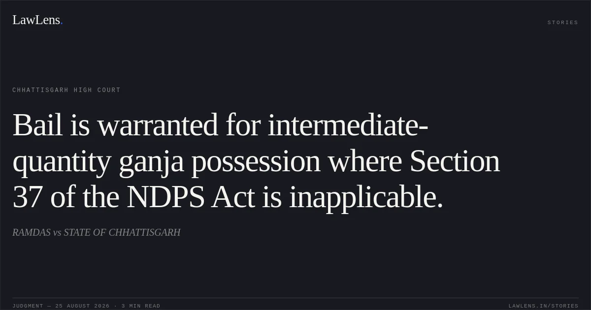 Bail is warranted for intermediate-quantity ganja possession where Section 37 of the NDPS Act is inapplicable.. RAMDAS vs STATE OF CHHATTISGARH. Chhattisgarh High Court. LawLens