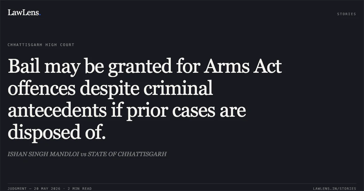 Bail may be granted for Arms Act offences despite criminal antecedents if prior cases are disposed of.. ISHAN SINGH MANDLOI vs STATE OF CHHATTISGARH. Chhattisgarh High Court. LawLens