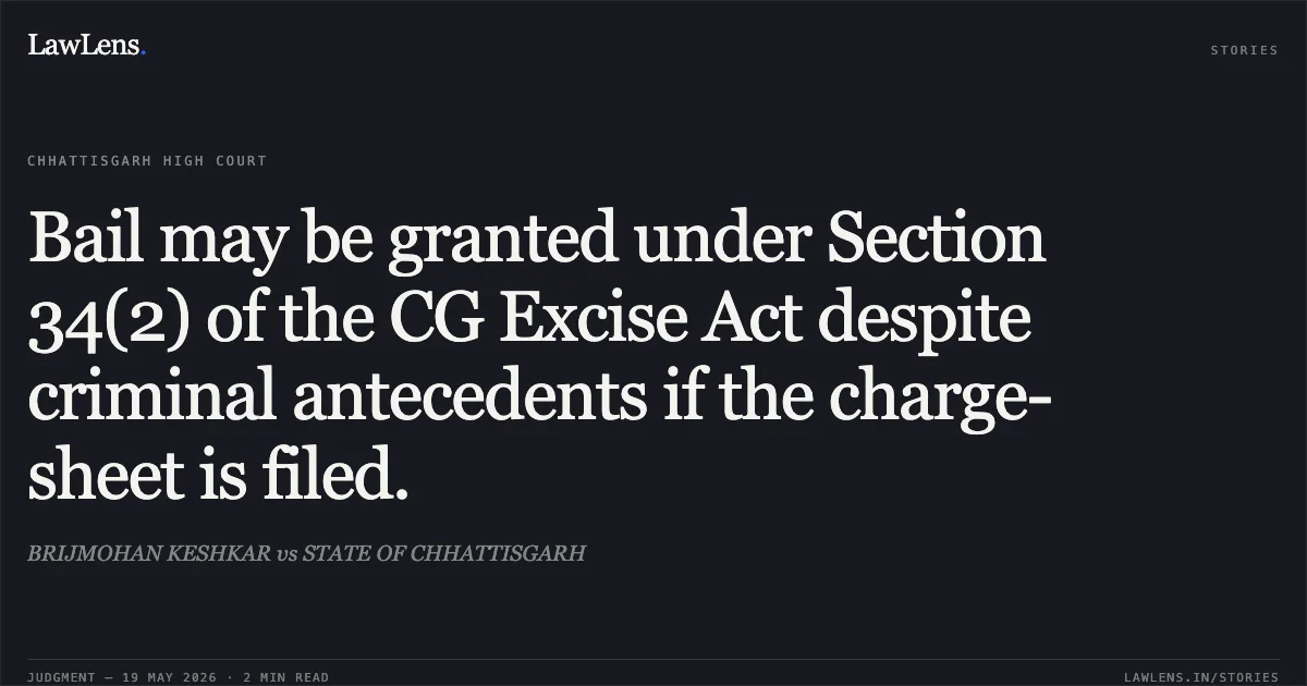 Bail may be granted under Section 34(2) of the CG Excise Act despite criminal antecedents if the charge-sheet is filed.. BRIJMOHAN KESHKAR vs STATE OF CHHATTISGARH. Chhattisgarh High Court. LawLens