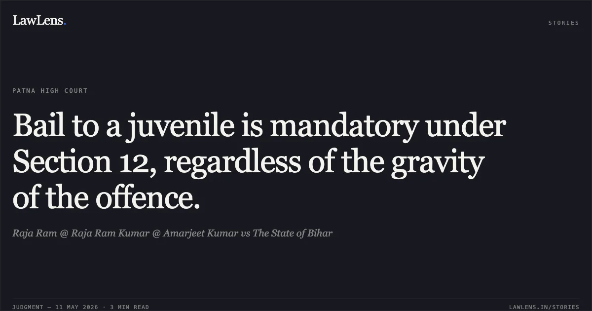 Bail to a juvenile is mandatory under Section 12, regardless of the gravity of the offence.. Raja Ram @ Raja Ram Kumar @ Amarjeet Kumar vs The State of Bihar. Patna High Court. LawLens
