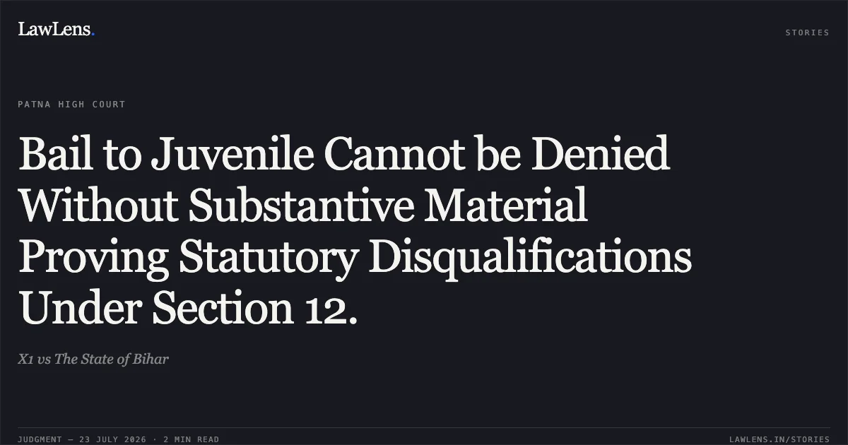 Bail to Juvenile Cannot be Denied Without Substantive Material Proving Statutory Disqualifications Under Section 12.. X1 vs The State of Bihar. Patna High Court. LawLens