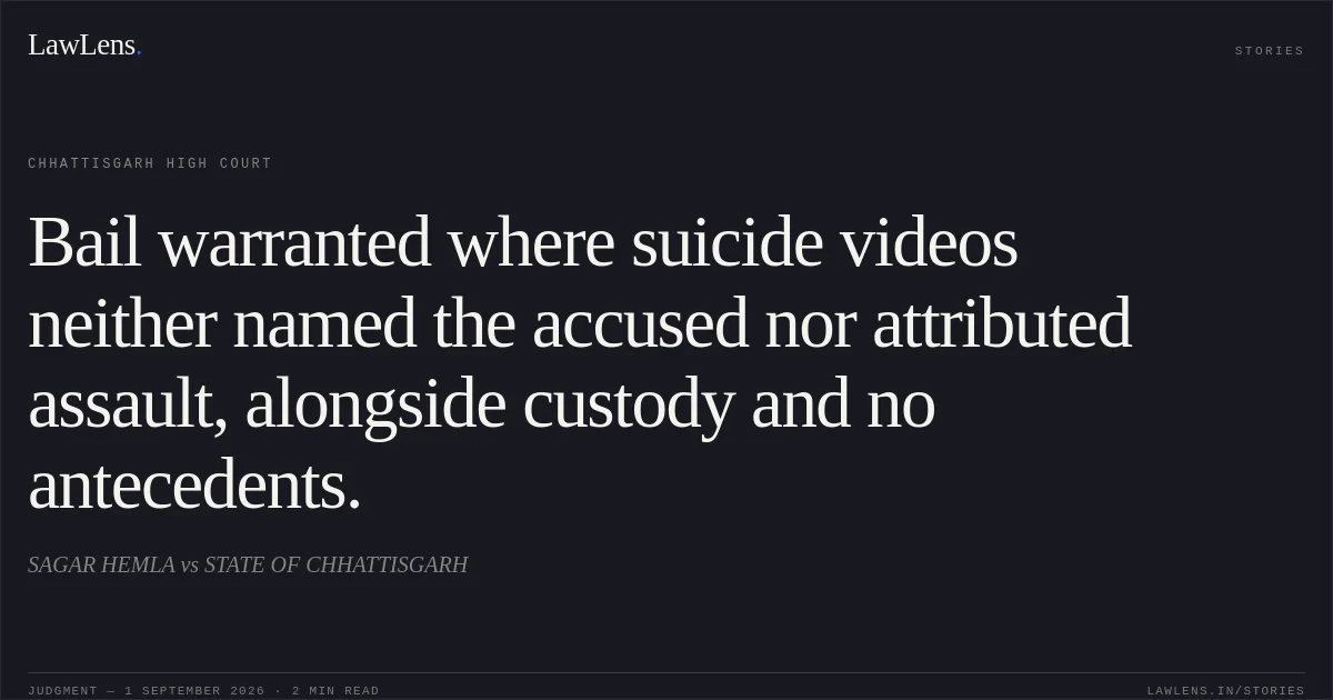 Bail warranted where suicide videos neither named the accused nor attributed assault, alongside custody and no antecedents.. SAGAR HEMLA vs STATE OF CHHATTISGARH. Chhattisgarh High Court. LawLens