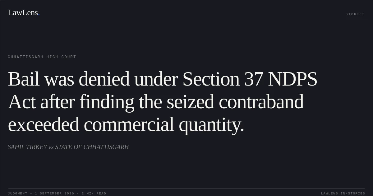 Bail was denied under Section 37 NDPS Act after finding the seized contraband exceeded commercial quantity.. SAHIL TIRKEY vs STATE OF CHHATTISGARH. Chhattisgarh High Court. LawLens