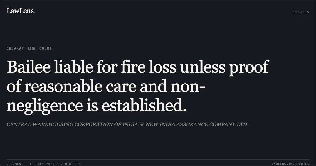 Bailee liable for fire loss unless proof of reasonable care and non-negligence is established.. CENTRAL WAREHOUSING CORPORATION OF INDIA vs NEW INDIA ASSURANCE COMPANY LTD. Gujarat High Court. LawLens