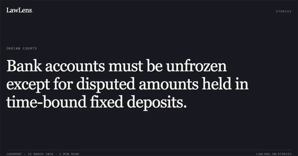 Bank accounts must be unfrozen except for disputed amounts held in time-bound fixed deposits.. Mohd. Aijaz vs Reserve Bank Of India. Madhya Pradesh High Court. LawLens