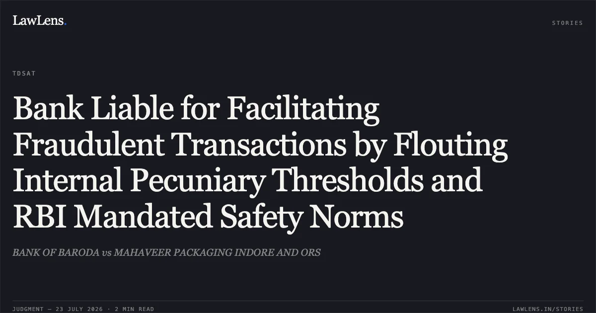 Bank Liable for Facilitating Fraudulent Transactions by Flouting Internal Pecuniary Thresholds and RBI Mandated Safety Norms. BANK OF BARODA vs MAHAVEER PACKAGING INDORE AND ORS. TDSAT. LawLens