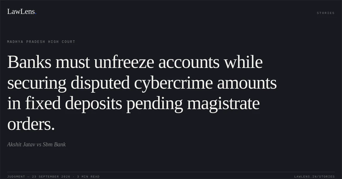 Banks must unfreeze accounts while securing disputed cybercrime amounts in fixed deposits pending magistrate orders.. Akshit Jatav vs Sbm Bank. Madhya Pradesh High Court. LawLens