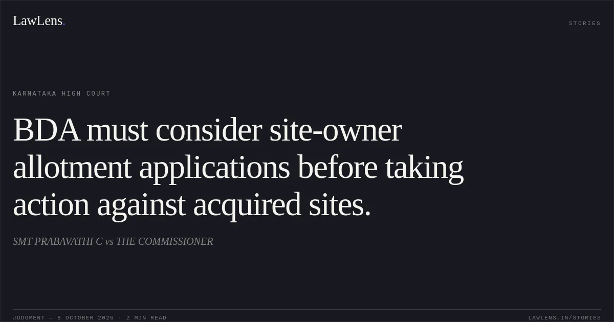 BDA must consider site-owner allotment applications before taking action against acquired sites.. SMT PRABAVATHI C vs THE COMMISSIONER. Karnataka High Court. LawLens