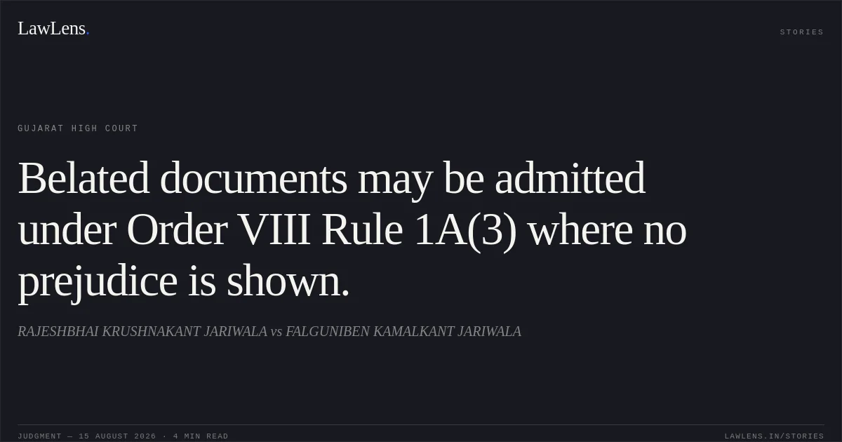 Belated documents may be admitted under Order VIII Rule 1A(3) where no prejudice is shown.. RAJESHBHAI KRUSHNAKANT JARIWALA vs FALGUNIBEN KAMALKANT JARIWALA. Gujarat High Court. LawLens