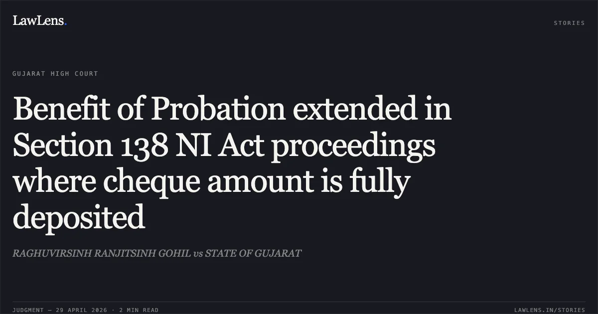 Benefit of Probation extended in Section 138 NI Act proceedings where cheque amount is fully deposited. RAGHUVIRSINH RANJITSINH GOHIL vs STATE OF GUJARAT. Gujarat High Court. LawLens
