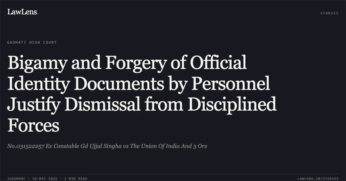 Bigamy and Forgery of Official Identity Documents by Personnel Justify Dismissal from Disciplined Forces. No.031522257 Ex Constable Gd Ujjal Singha vs The Union Of India And 3 Ors. Gauhati High Court. LawLens