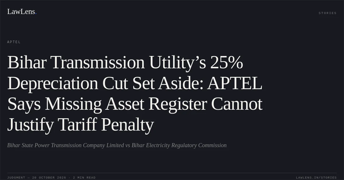 Bihar Transmission Utility’s 25% Depreciation Cut Set Aside: APTEL Says Missing Asset Register Cannot Justify Tariff Penalty. Bihar State Power Transmission Company Limited vs Bihar Electricity Regulatory Commission. APTEL. LawLens