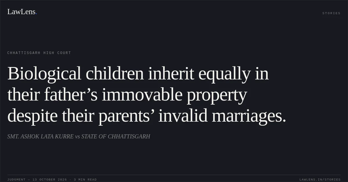Biological children inherit equally in their father’s immovable property despite their parents’ invalid marriages.. SMT. ASHOK LATA KURRE vs STATE OF CHHATTISGARH. Chhattisgarh High Court. LawLens