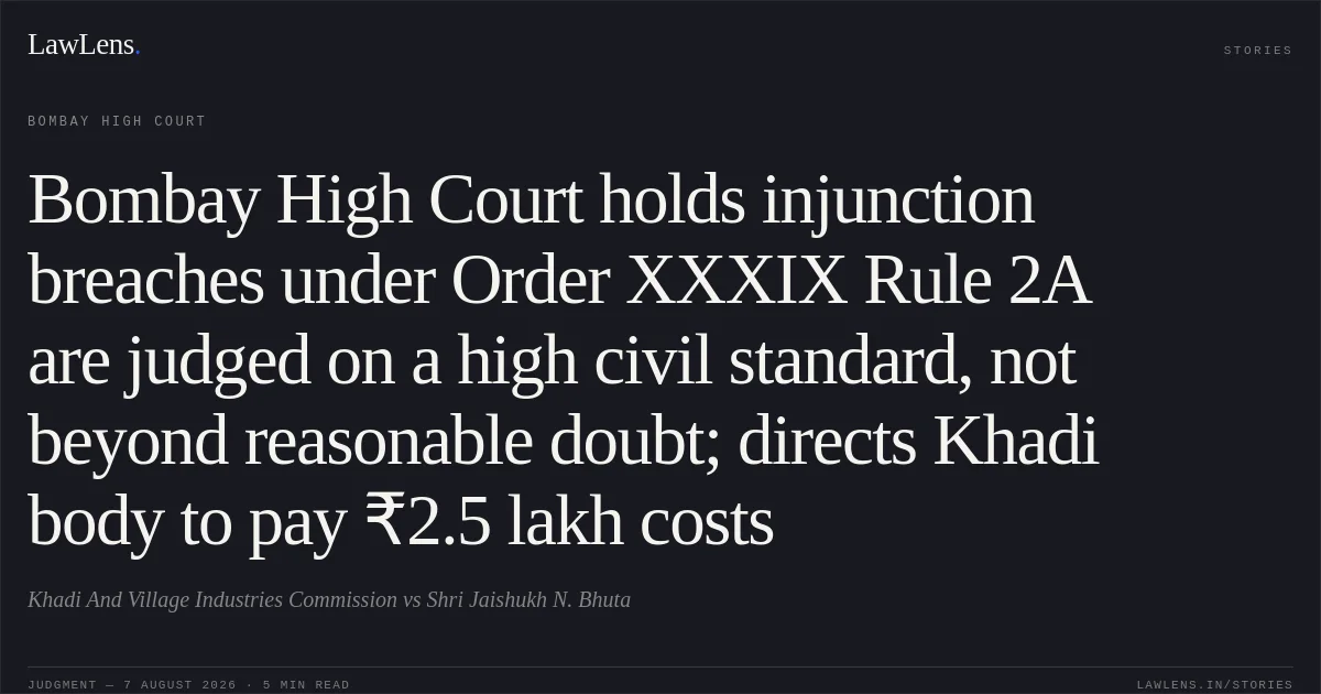 Bombay High Court holds injunction breaches under Order XXXIX Rule 2A are judged on a high civil standard, not beyond reasonable doubt; directs Khadi body to pay ₹2.5 lakh costs. Khadi And Village Industries Commission vs Shri Jaishukh N. Bhuta. Bombay High Court. LawLens