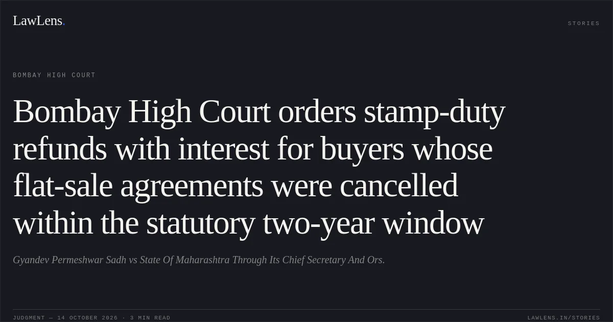 Bombay High Court orders stamp-duty refunds with interest for buyers whose flat-sale agreements were cancelled within the statutory two-year window. Gyandev Permeshwar Sadh vs State Of Maharashtra Through Its Chief Secretary And Ors.. Bombay High Court. LawLens