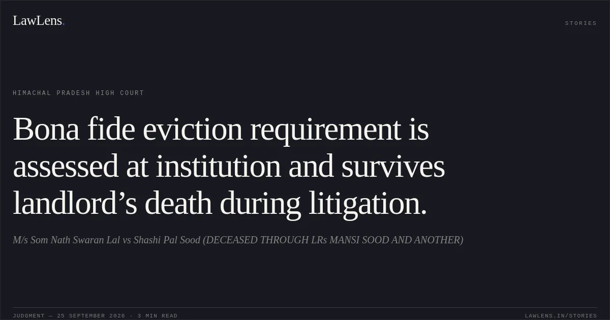 Bona fide eviction requirement is assessed at institution and survives landlord’s death during litigation.. M/s Som Nath Swaran Lal vs Shashi Pal Sood (DECEASED THROUGH LRs MANSI SOOD AND ANOTHER). Himachal Pradesh High Court. LawLens