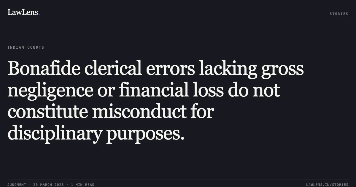 Bonafide clerical errors lacking gross negligence or financial loss do not constitute misconduct for disciplinary purposes.. Prashant Kumar Yadav vs D/o Post. Central Administrative Tribunal. LawLens