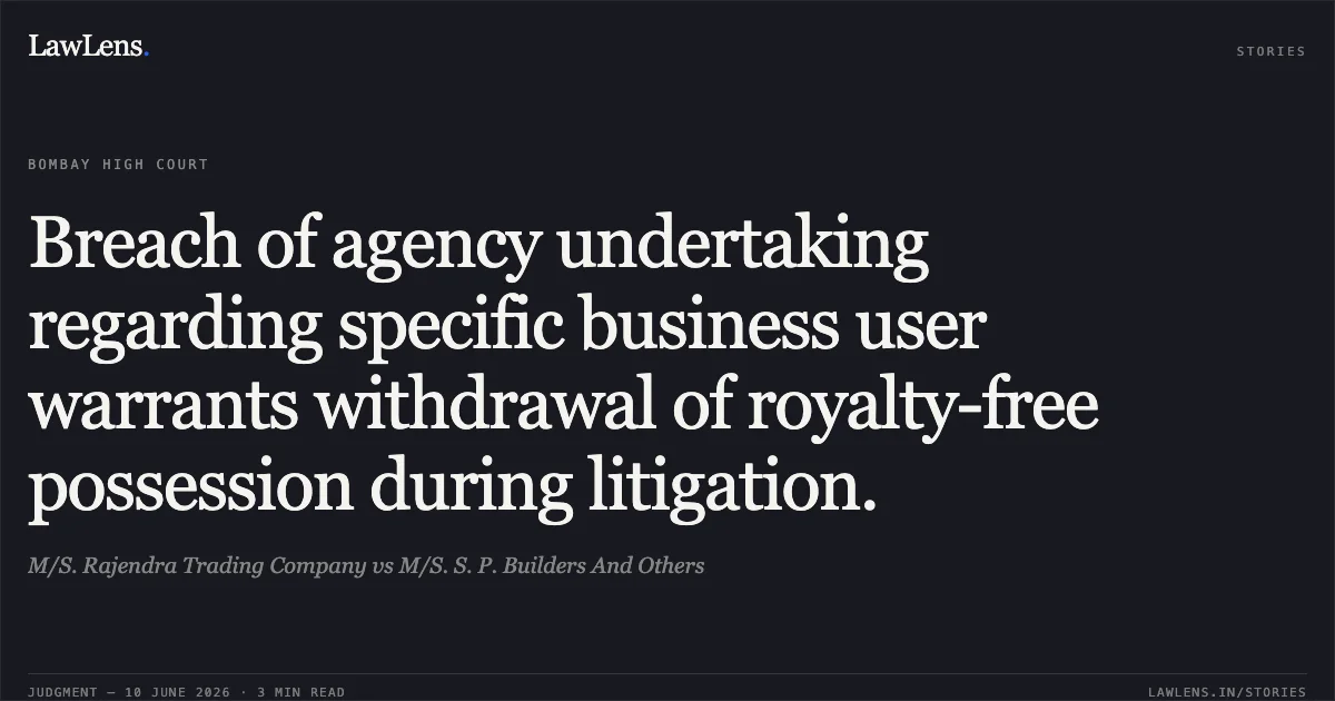 Breach of agency undertaking regarding specific business user warrants withdrawal of royalty-free possession during litigation.. M/S. Rajendra Trading Company vs M/S. S. P. Builders And Others. Bombay High Court. LawLens