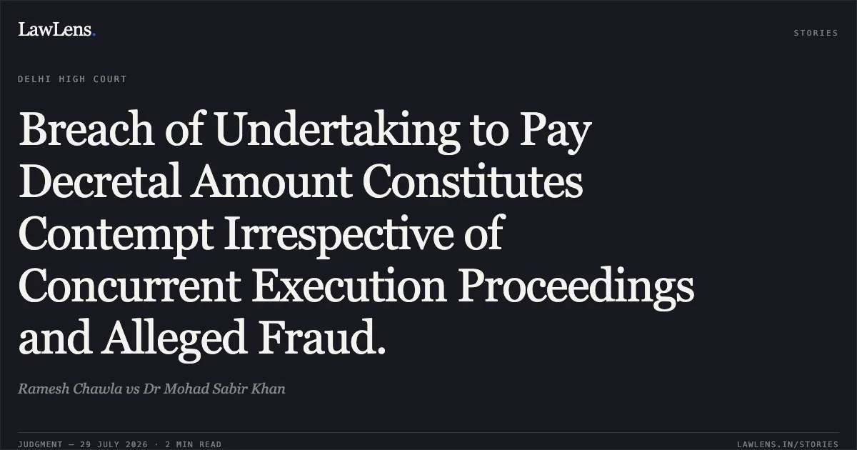 Breach of Undertaking to Pay Decretal Amount Constitutes Contempt Irrespective of Concurrent Execution Proceedings and Alleged Fraud.. Ramesh Chawla vs Dr Mohad Sabir Khan. Delhi High Court. LawLens