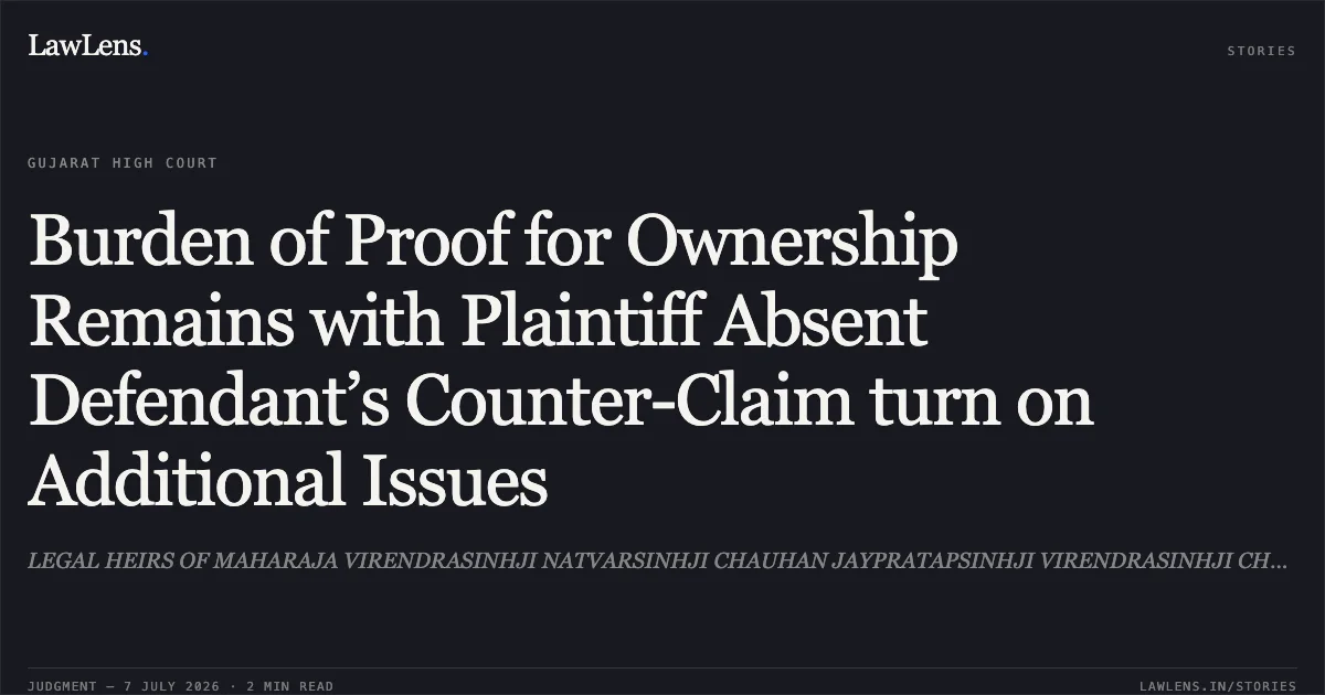 Burden of Proof for Ownership Remains with Plaintiff Absent Defendant’s Counter-Claim turn on Additional Issues. LEGAL HEIRS OF MAHARAJA VIRENDRASINHJI NATVARSINHJI CHAUHAN JAYPRATAPSINHJI VIRENDRASINHJI CHAUHAN vs STATE OF GUJARAT. Gujarat High Court. LawLens