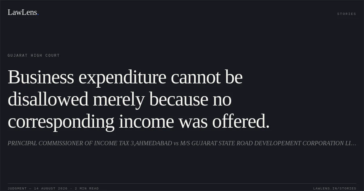 Business expenditure cannot be disallowed merely because no corresponding income was offered.. PRINCIPAL COMMISSIONER OF INCOME TAX 3,AHMEDABAD vs M/S GUJARAT STATE ROAD DEVELOPEMENT CORPORATION LIMITED. Gujarat High Court. LawLens
