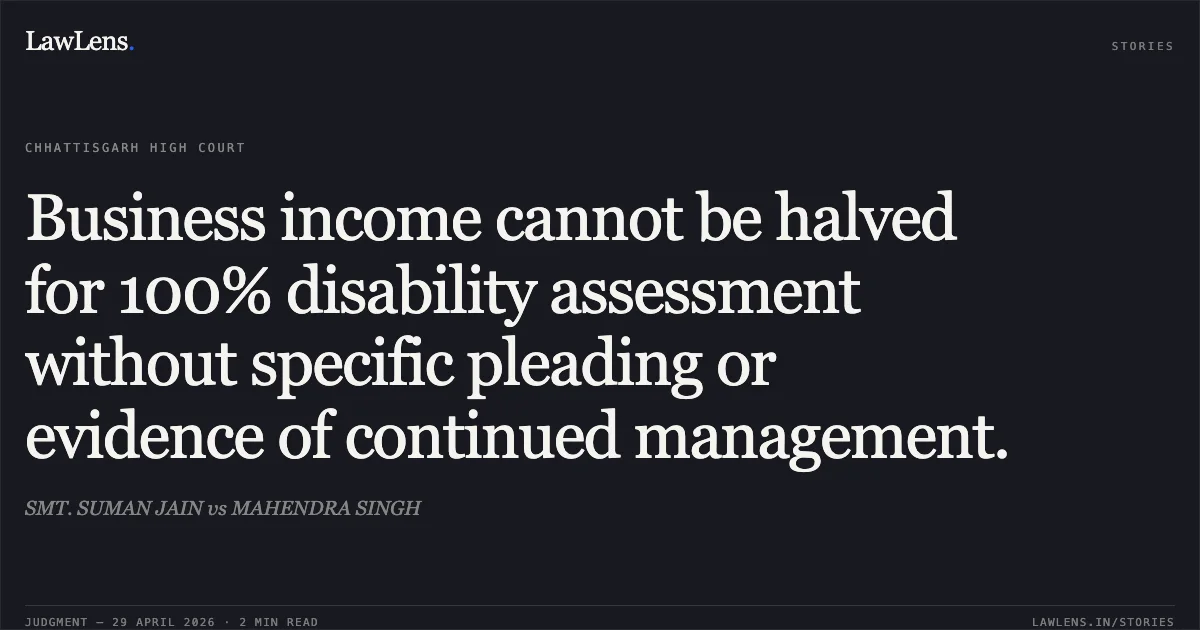 Business income cannot be halved for 100% disability assessment without specific pleading or evidence of continued management.. SMT. SUMAN JAIN vs MAHENDRA SINGH. Chhattisgarh High Court. LawLens
