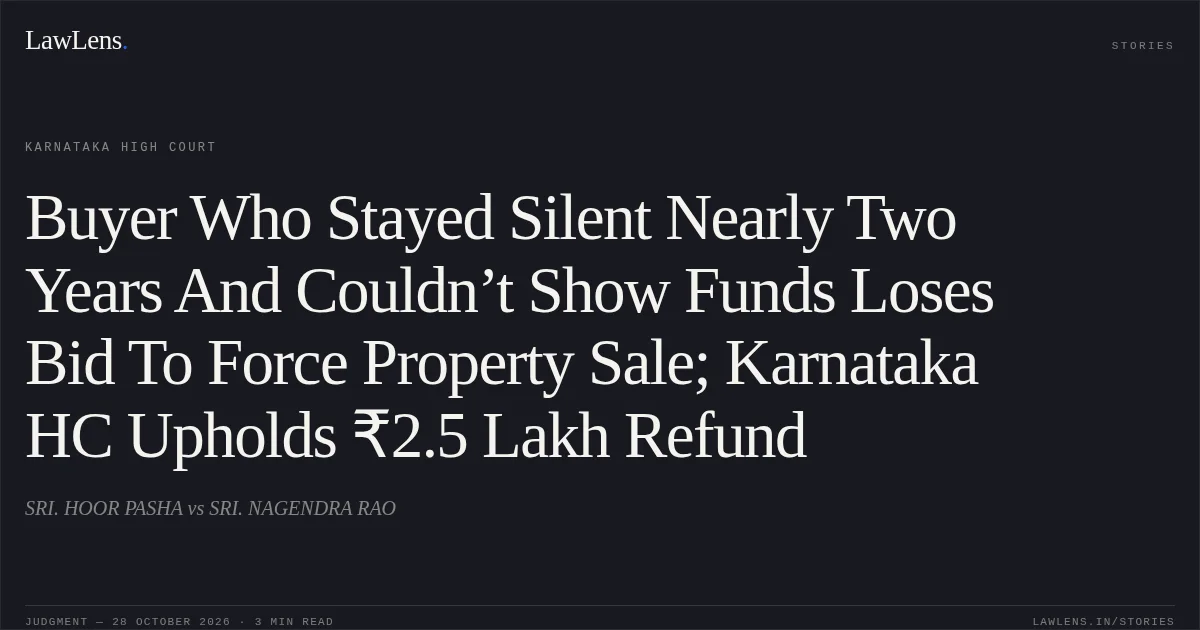 Buyer Who Stayed Silent Nearly Two Years And Couldn’t Show Funds Loses Bid To Force Property Sale; Karnataka HC Upholds ₹2.5 Lakh Refund. SRI. HOOR PASHA vs SRI. NAGENDRA RAO. Karnataka High Court. LawLens