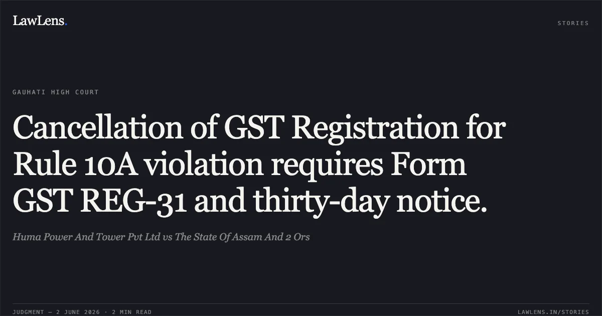 Cancellation of GST Registration for Rule 10A violation requires Form GST REG-31 and thirty-day notice.. Huma Power And Tower Pvt Ltd vs The State Of Assam And 2 Ors. Gauhati High Court. LawLens