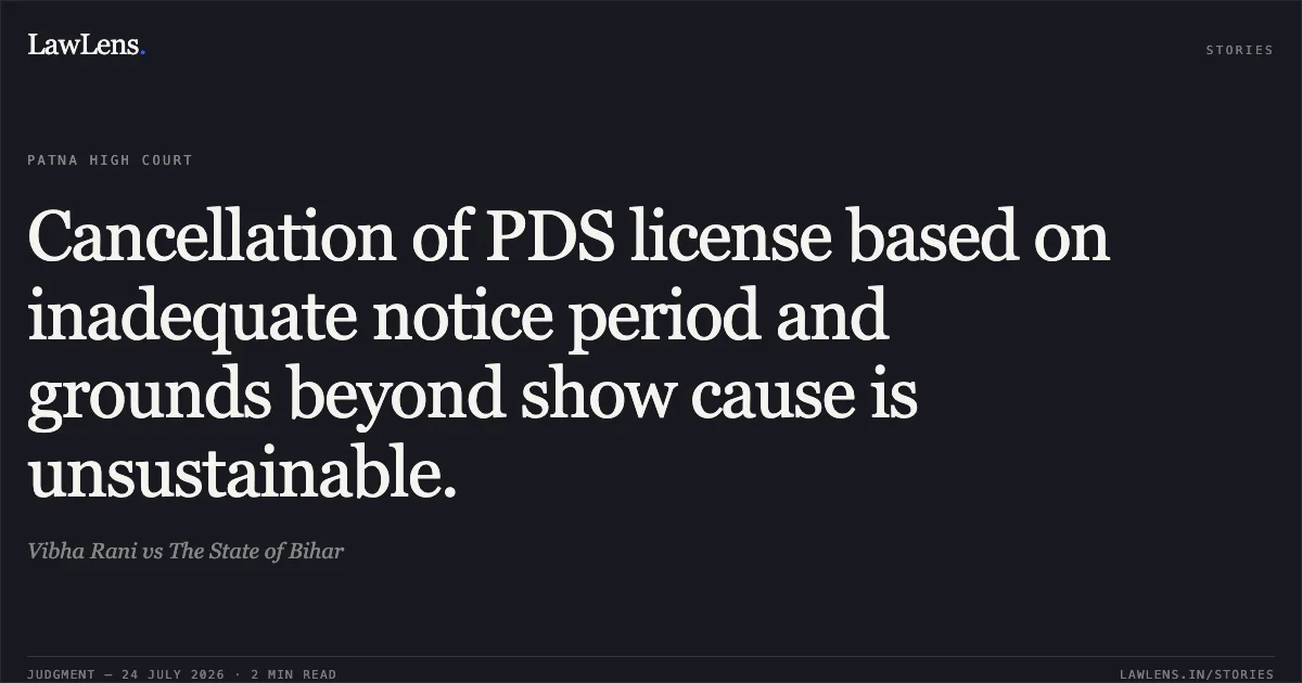 Cancellation of PDS license based on inadequate notice period and grounds beyond show cause is unsustainable.. Vibha Rani vs The State of Bihar. Patna High Court. LawLens