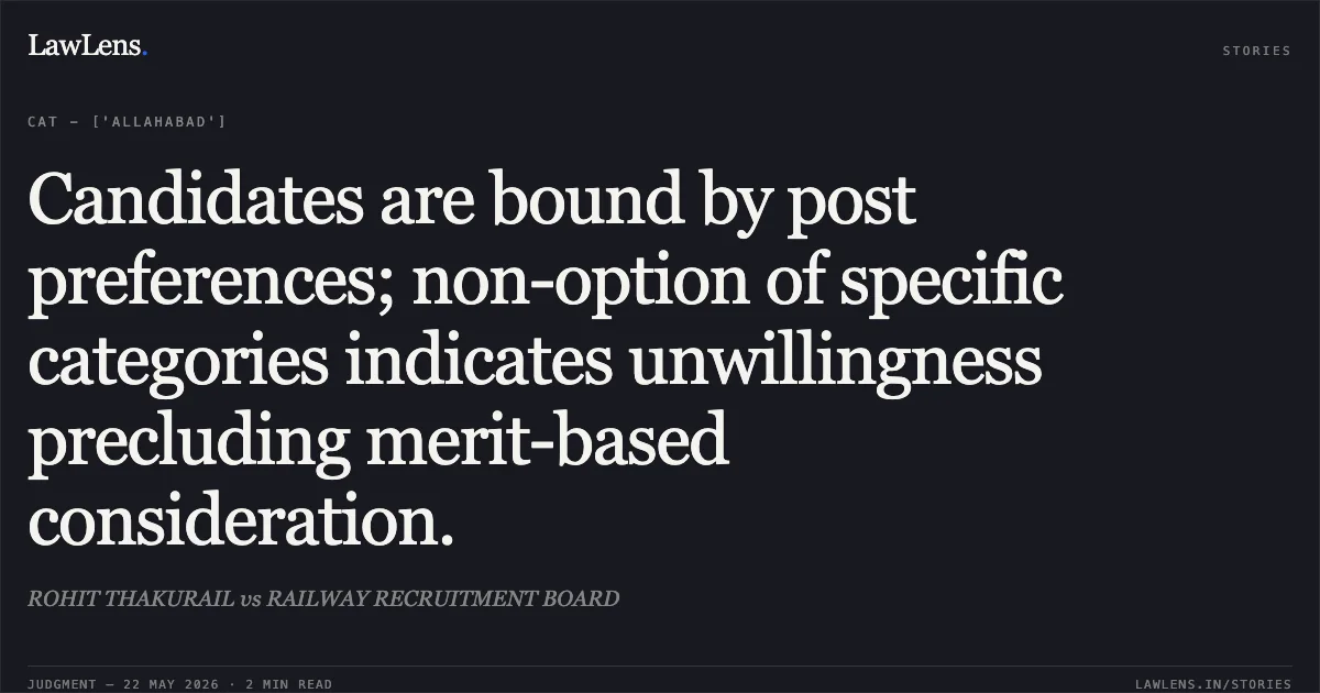 Candidates are bound by post preferences; non-option of specific categories indicates unwillingness precluding merit-based consideration.. ROHIT THAKURAIL vs RAILWAY RECRUITMENT BOARD. Central Administrative Tribunal. LawLens