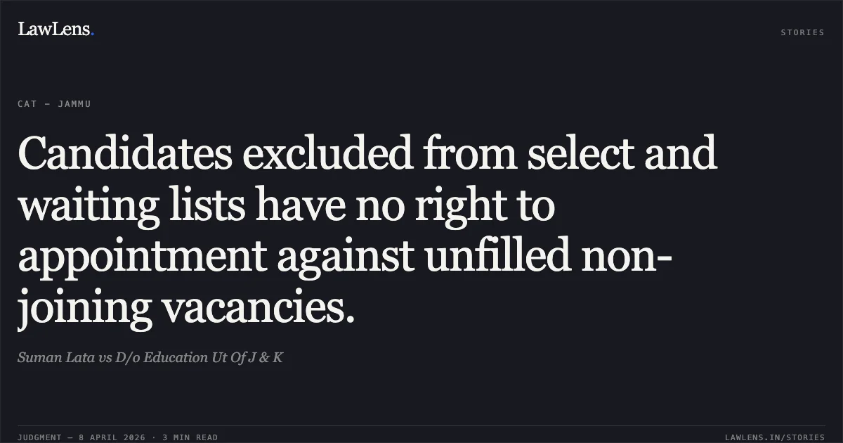 Candidates excluded from select and waiting lists have no right to appointment against unfilled non-joining vacancies.. Suman Lata vs D/o Education Ut Of J & K. Central Administrative Tribunal. LawLens