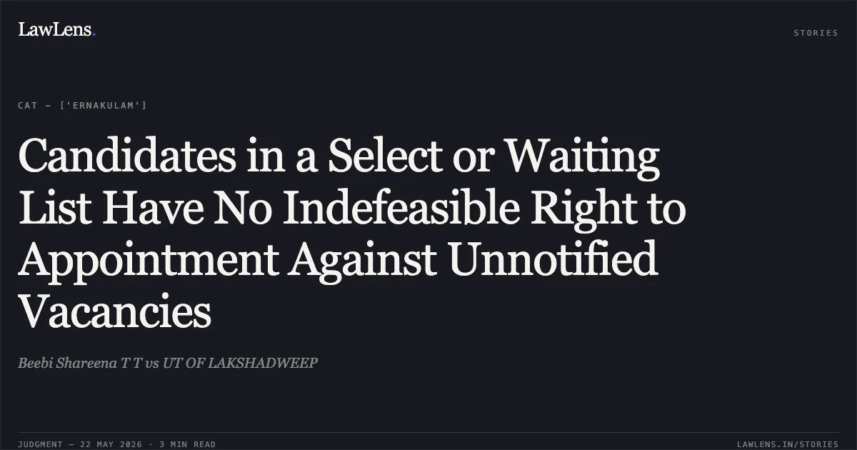 Candidates in a Select or Waiting List Have No Indefeasible Right to Appointment Against Unnotified Vacancies. Beebi Shareena T T vs UT OF LAKSHADWEEP. Central Administrative Tribunal. LawLens