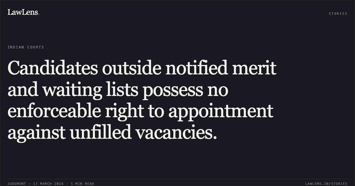 Candidates outside notified merit and waiting lists possess no enforceable right to appointment against unfilled vacancies.. Sahil Bagati vs D/o Rehabilitation. Central Administrative Tribunal. LawLens