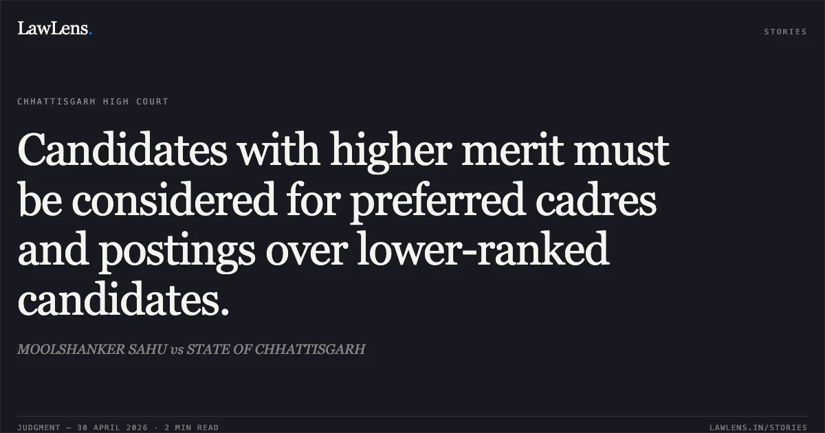 Candidates with higher merit must be considered for preferred cadres and postings over lower-ranked candidates.. MOOLSHANKER SAHU vs STATE OF CHHATTISGARH. Chhattisgarh High Court. LawLens